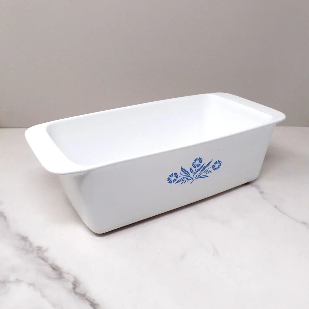 Vintage Corning Ware Loaf Pan, 2 QT, White Pyroceram, Blue Cornflower P-315-B
